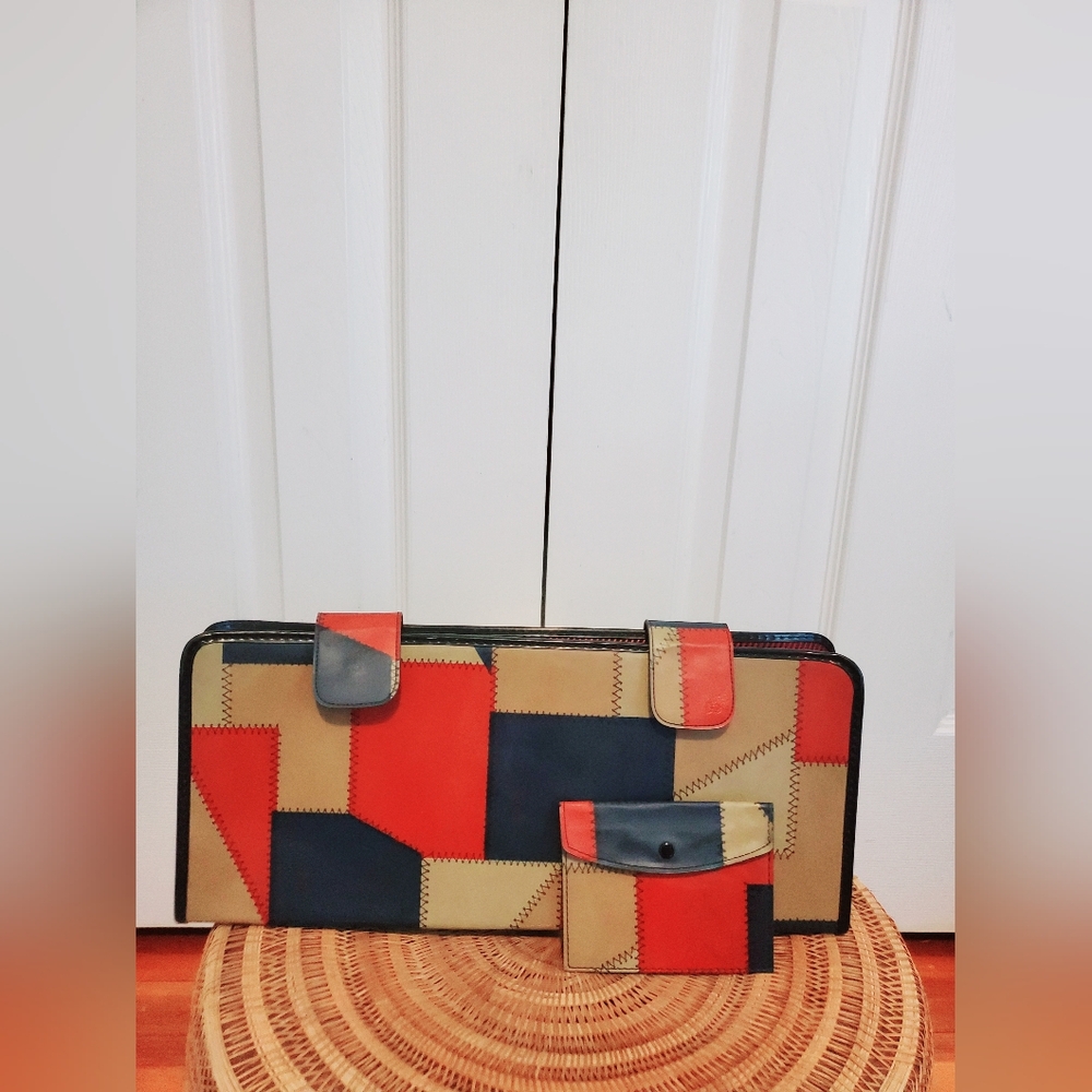 Leather Patchwork Colorful Vintage Clutch Organizer and Detachable Wallet Set